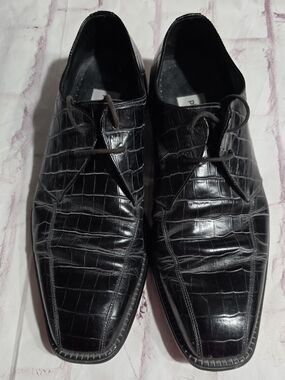 Pierre Cardin Black Croc-Embossed Leather Derby Shoes